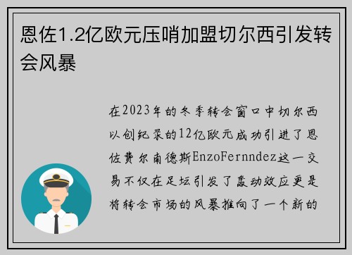 恩佐1.2亿欧元压哨加盟切尔西引发转会风暴 恩佐1.2亿欧元压哨加盟切尔西引发转会风暴